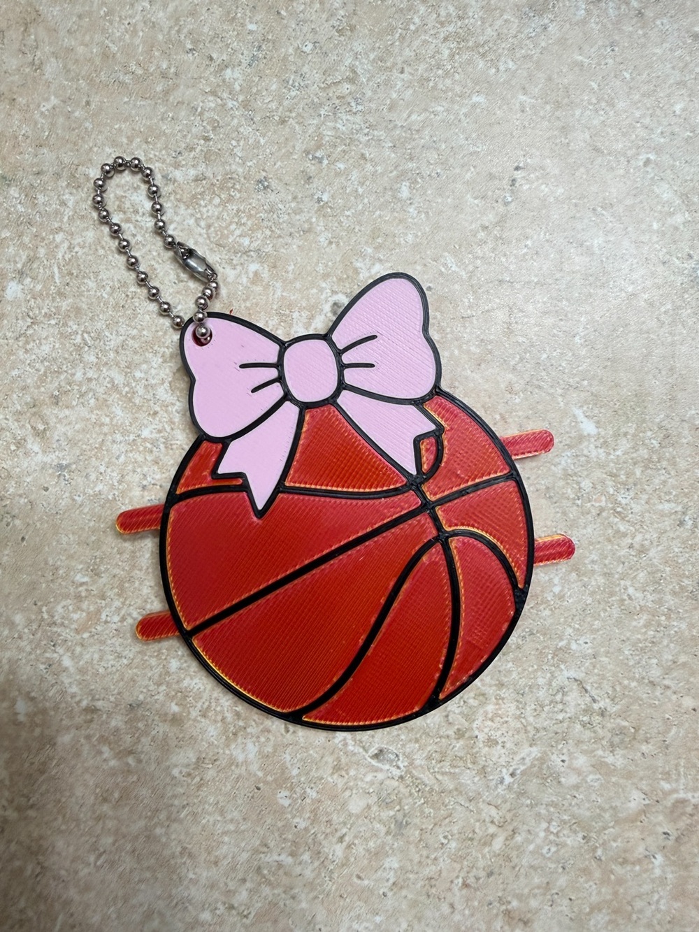 Red Basketball Hair Tie Keychain with Pink Bow for Kids